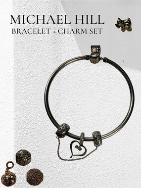 Michael Hill 925 Sterling Silver Charm Bangle Bracelet Bundle | Rose Gold Pavé